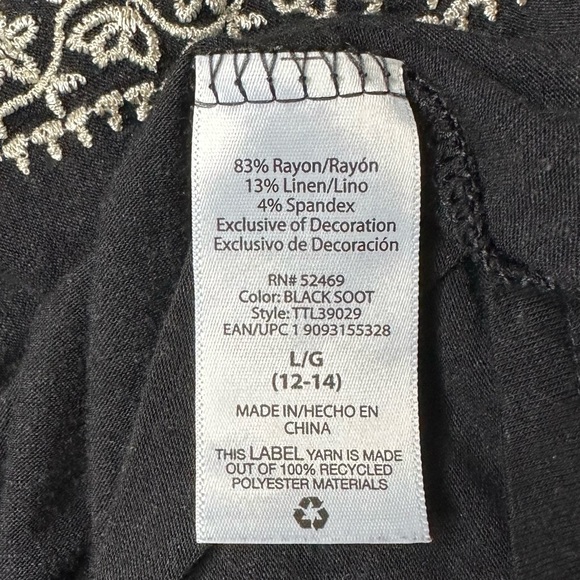 Time and Tru Embroidered Boho Black White Tie Front Top Size L - Picture 12 of 13